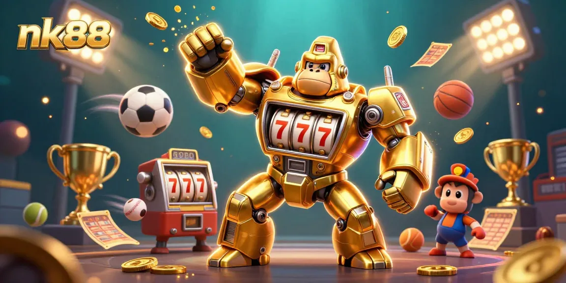 Experience the thrill of nk88 with a dynamic 3D illustration featuring a golden gorilla mech and interactive gambling elements.
