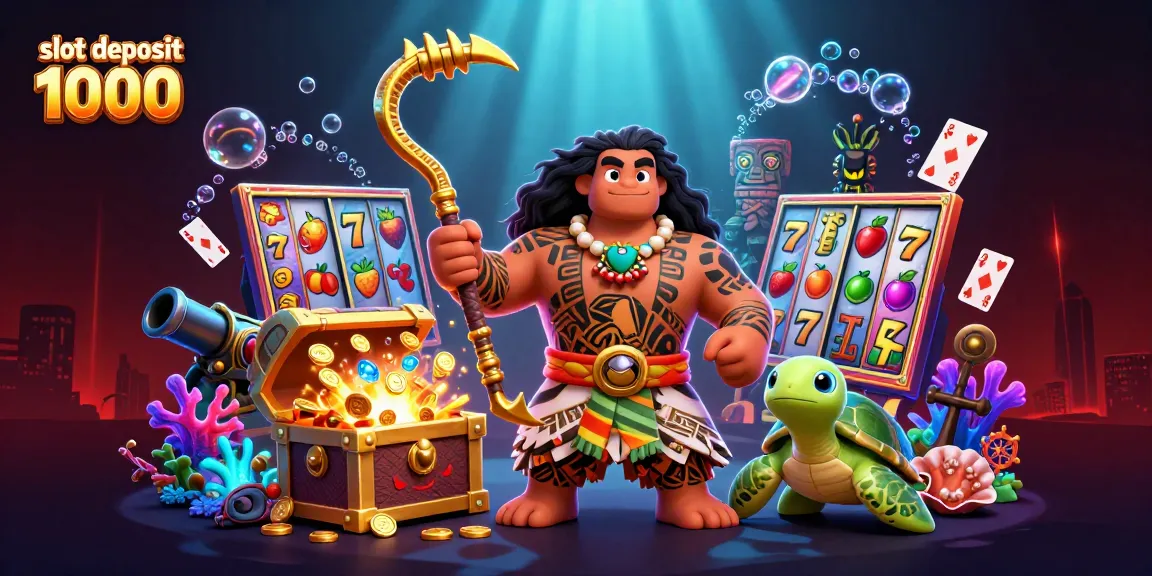 Slot deposit 1000 menampilkan karakter slot dengan harta karun dan elemen kasino yang menarik.