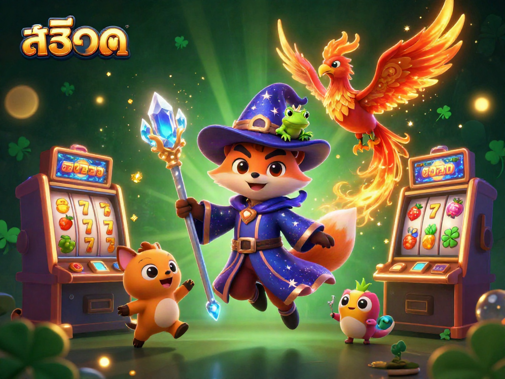 Spin the สล็อต slots with mystical characters on a vibrant casino-themed digital illustration.