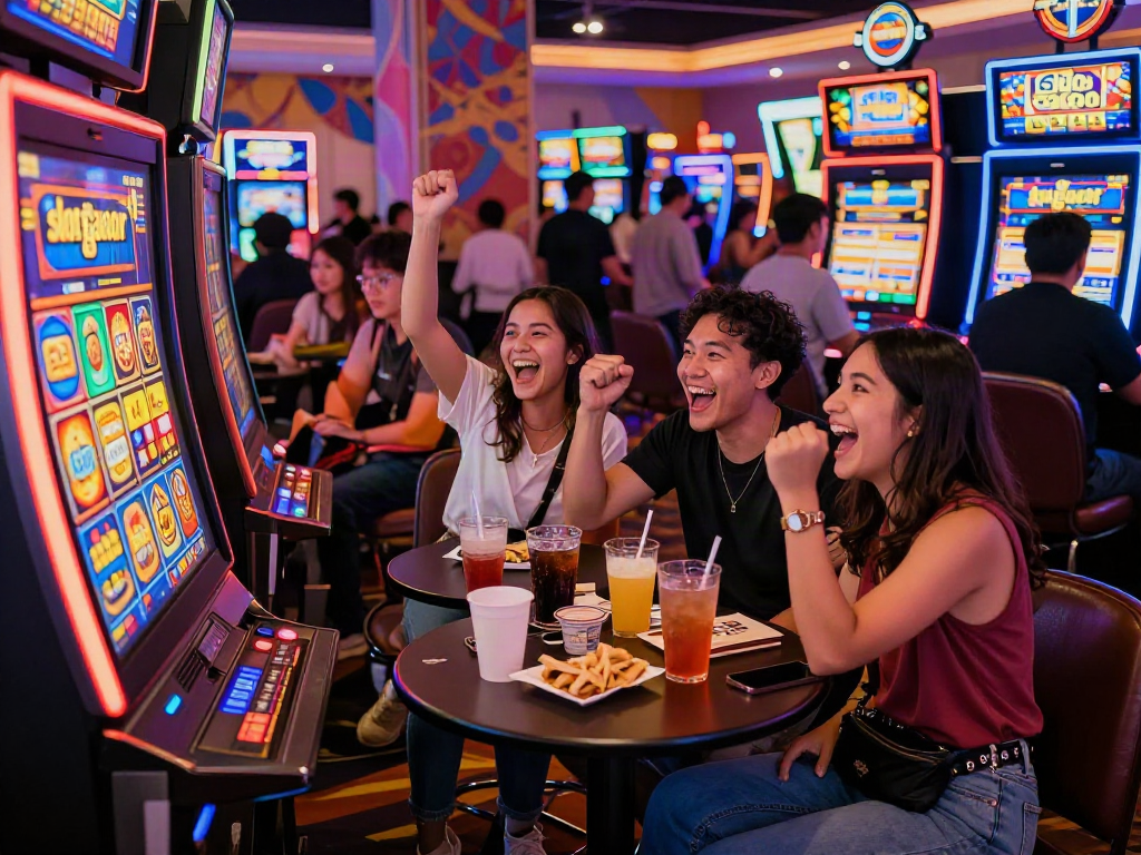 Exciting moment at slot gacor machine with friends celebrating a big win in a lively casino.