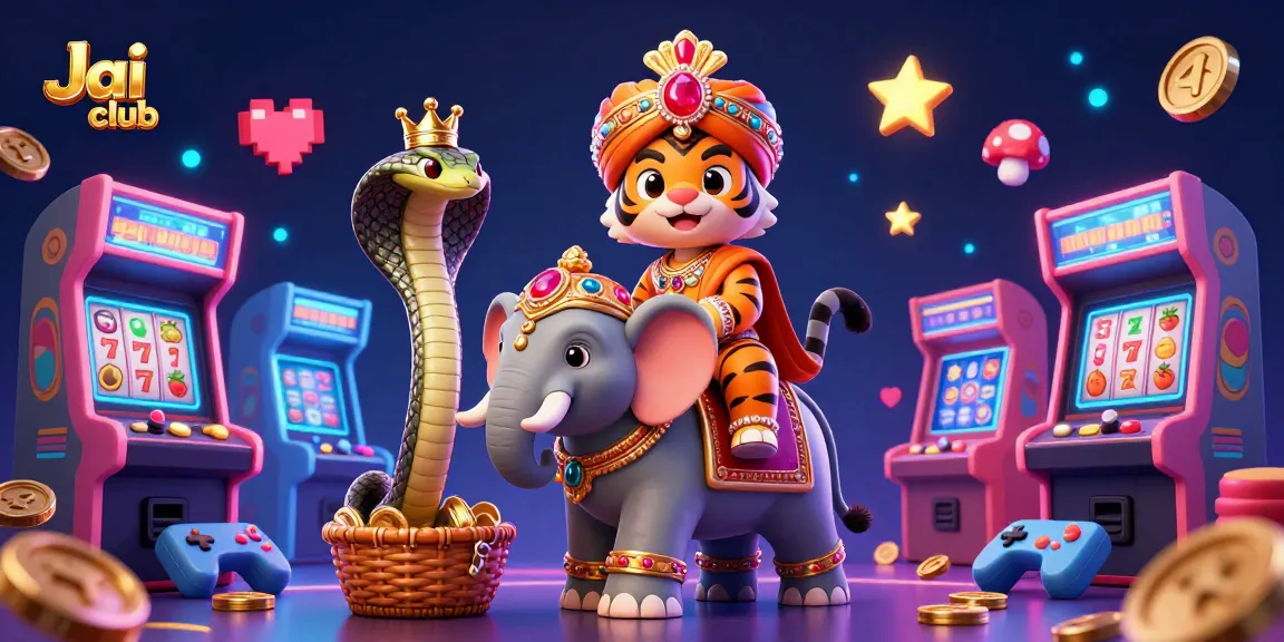 Join the Jai club adventure with a vibrant casino scene featuring a maharaja tiger, jewel elephant, and exciting game elements.