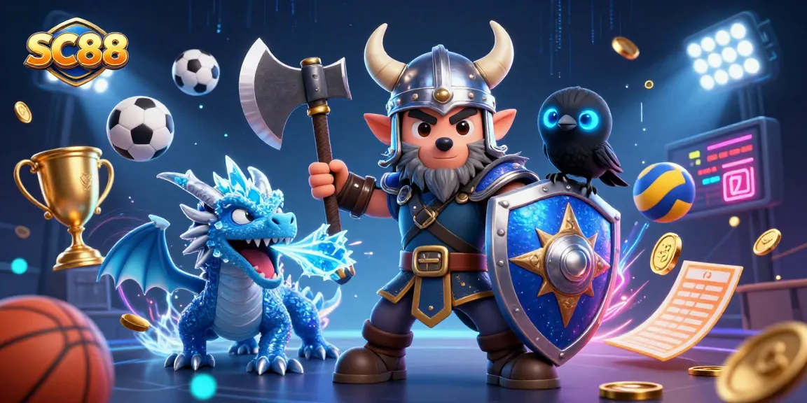 Play at SC88's immersive gaming experience with Viking and dragon characters in action, celebrating wins.