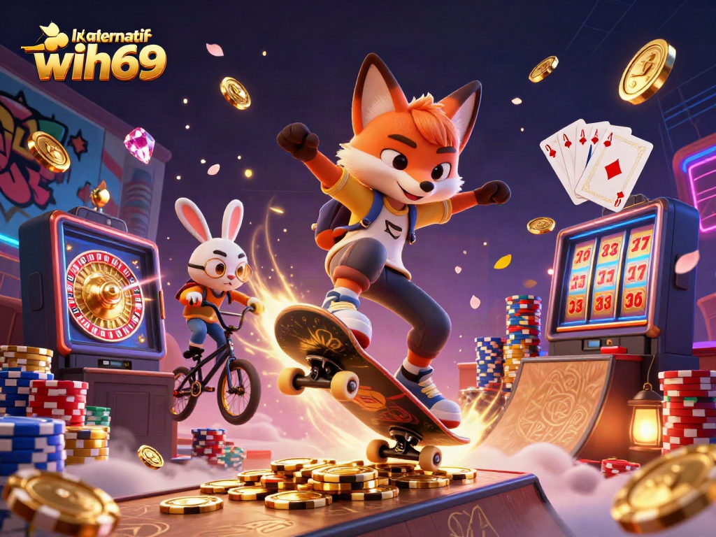 Link alternatif wih69: Skateboarder fox dan rabbit BMX beraksi di dunia kasino yang penuh keceriaan dan keajaiban.