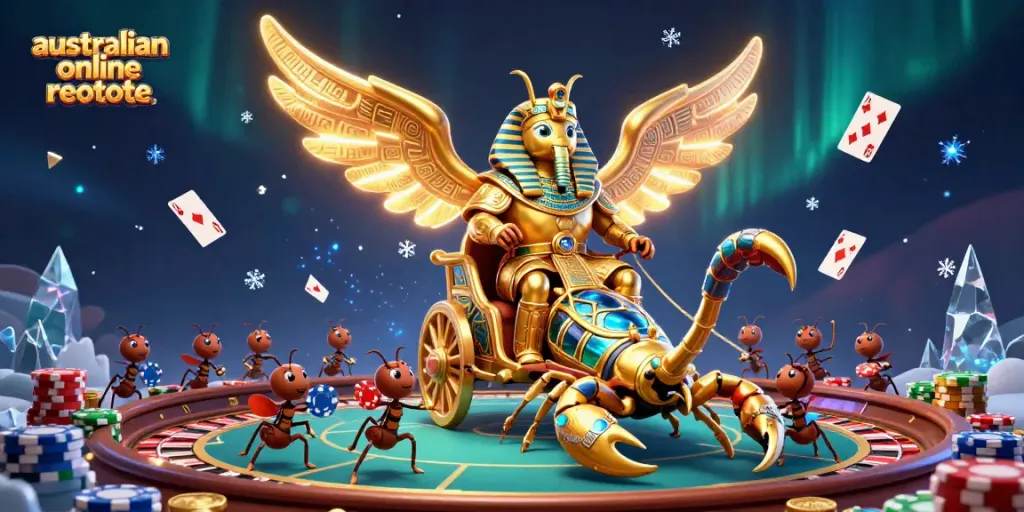 Play thrilling australian online roulette with engaging characters and casino elements in a vibrant scene.