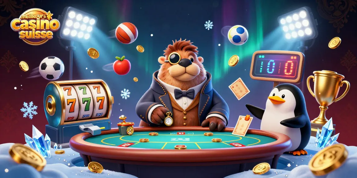 Illustration colorée du meilleur site casino en ligne suisse avec un morse, un pingouin et un poisson-globe jouant aux machines à sous.