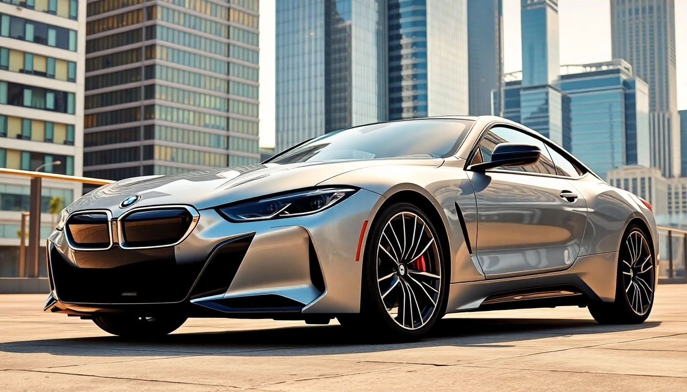 Showcasing a Luxury BMW car in an urban environment highlighting its sleek design and premium features.