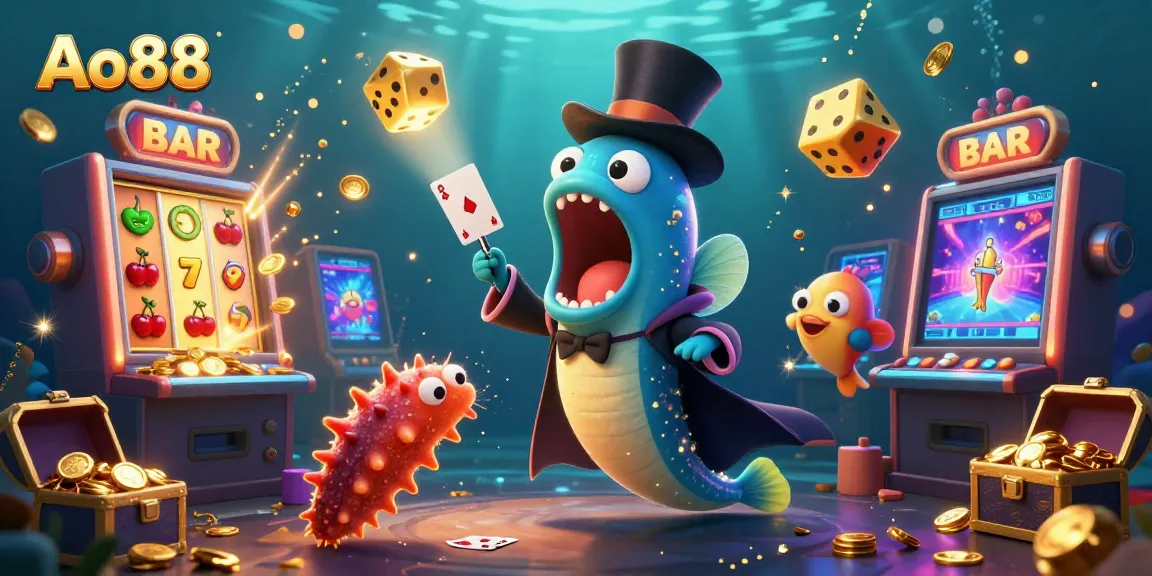 Ao88 showcases a vibrant underwater magic scene featuring unique characters performing tricks in a lively casino setting.