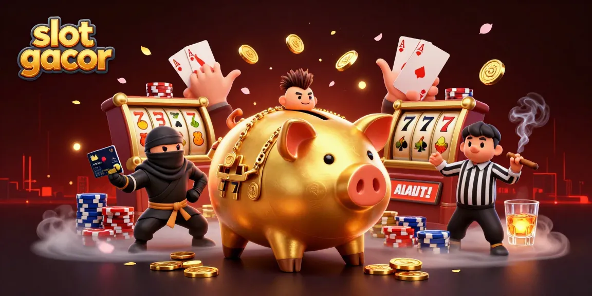 Experience the excitement of slot gacor with a dynamic scene featuring a golden piggy bank sumo wrestler and casino elements.