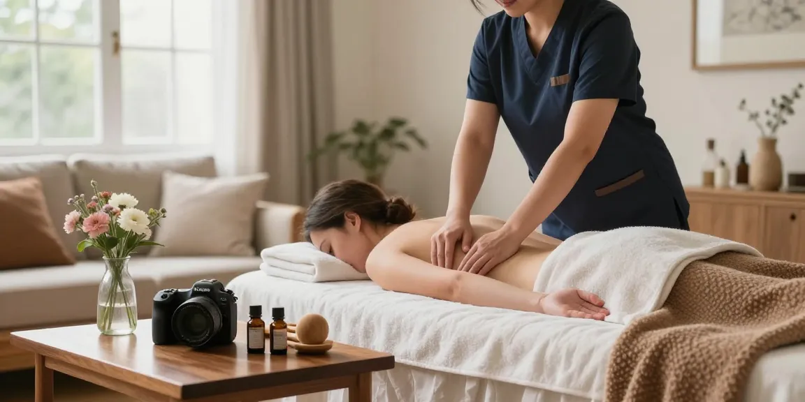 In-home massage setup for 의정부출장안마, featuring a therapist preparing for a relaxing session with essential oils.