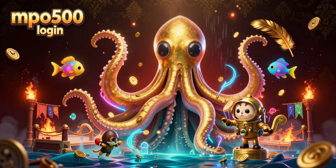 Engage with mpo500 login for dynamic gaming experiences featuring vibrant 3D kraken and diving cat.