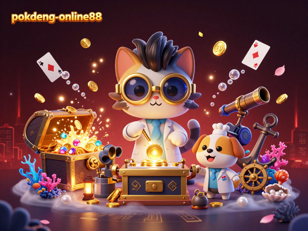 Experience the excitement of pokdeng-online88 with a 3D cartoon mad scientist cat and dog in a vibrant casino lab.