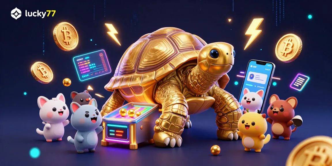 Engage in exciting gameplay at lucky77 with vibrant crypto-themed casino imagery and a tortoise pinball machine.