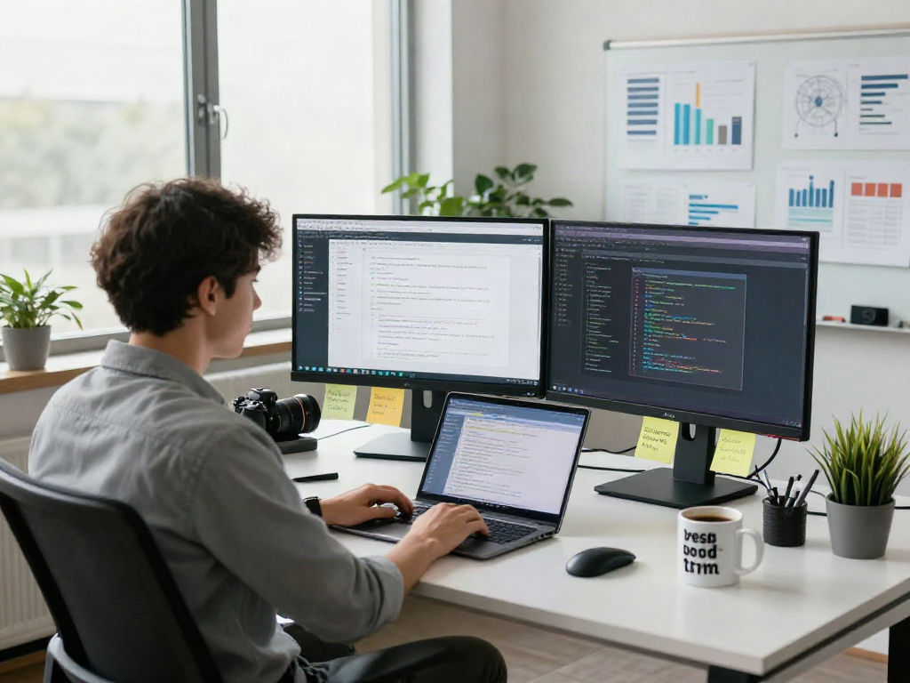 Data analyst using document fraud detection software in a modern office environment, showcasing dual monitors with analytics and verification interfaces.