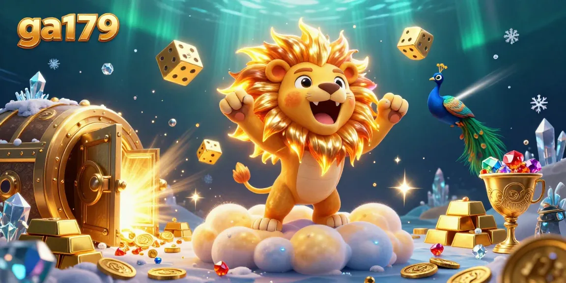 Experience the thrill of ga179 with this vibrant scene of a roaring sun lion amidst dazzling casino treasures and cosmic elements.