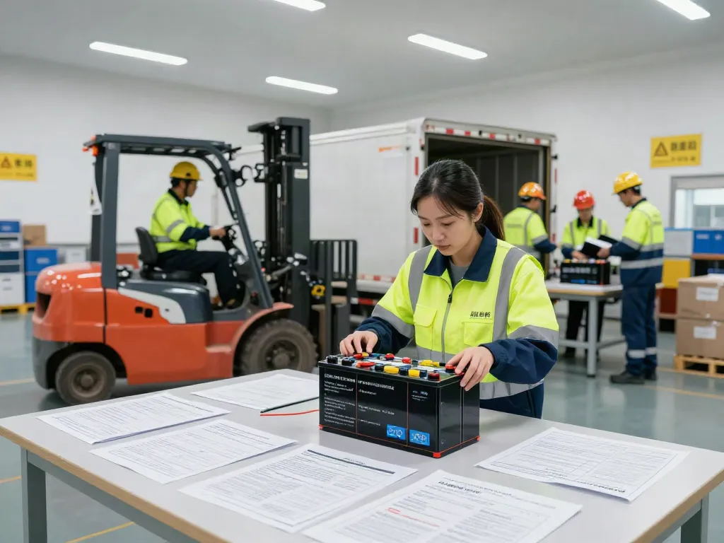 Batterie Transport von Dortmund: Team bei der Vorbereitung von Lithium-Batterietransport in modernem Lager.