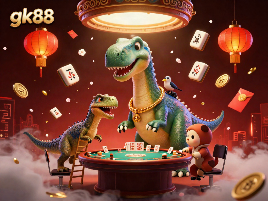 Experience thrilling gameplay with gk88, featuring a whimsical dino dealer in a vibrant casino backdrop.