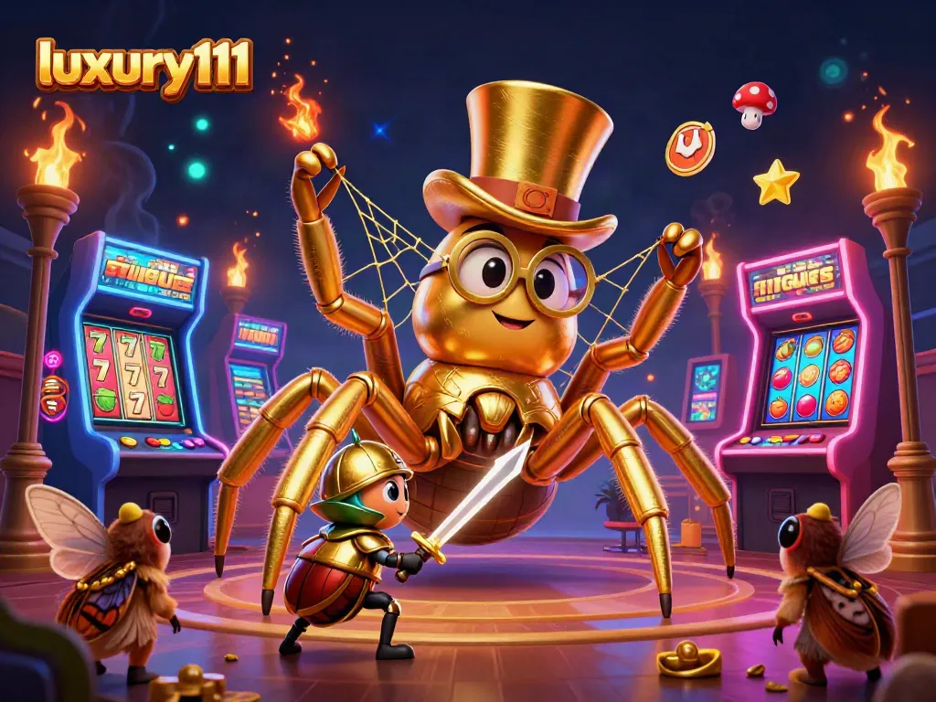 Engage with luxury111 in a vibrant casino scene featuring a golden tarantula and brave beetle knight.