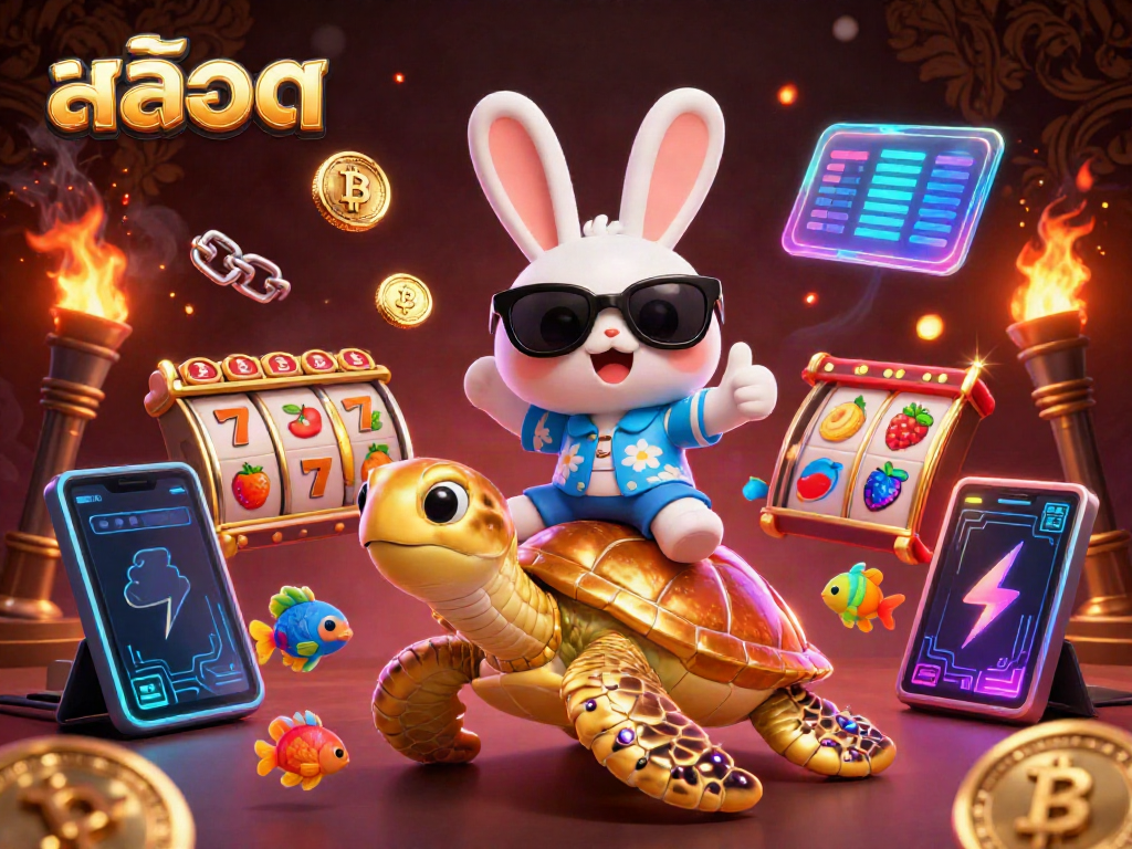 Spin your luck with สล็อต, featuring a cartoon rabbit and a golden turtle in a vibrant casino scene.